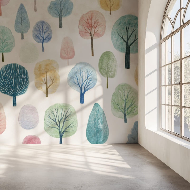 Kids bedroom featuring pastel tree mural wallpaper with reading nook