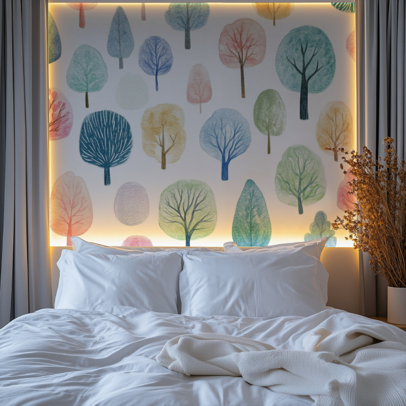 Playroom with watercolor tree wallpaper showing peaceful forest scene