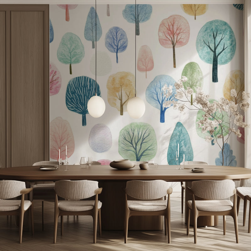 Home office space with soothing watercolor tree mural background