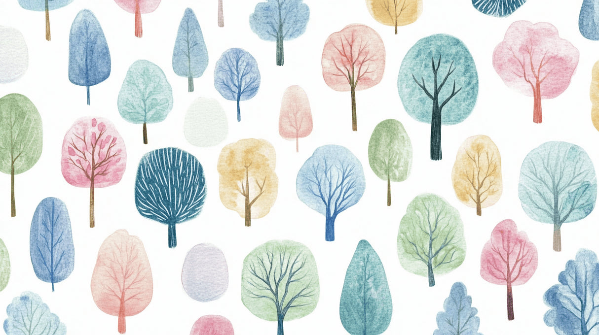 Design file showing full pattern of watercolor forest mural with soft pastel colors