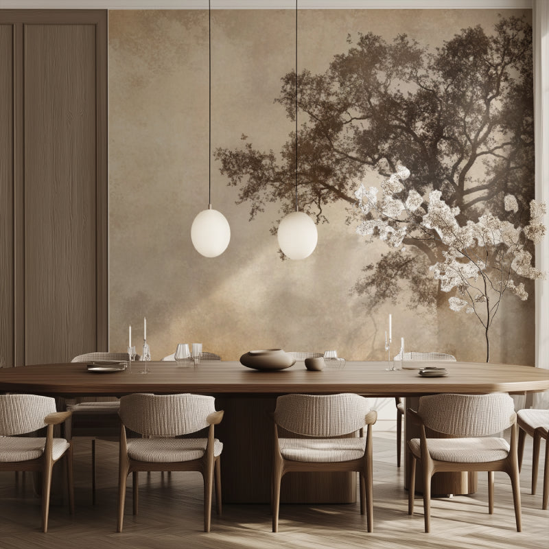 Nature wall mural with sepia trees perfect for bedroom setting