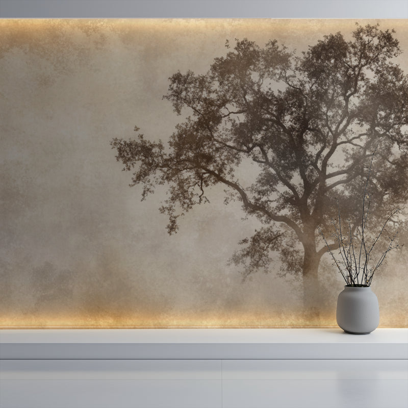 Tree mural wallpaper adding warmth to dining room space