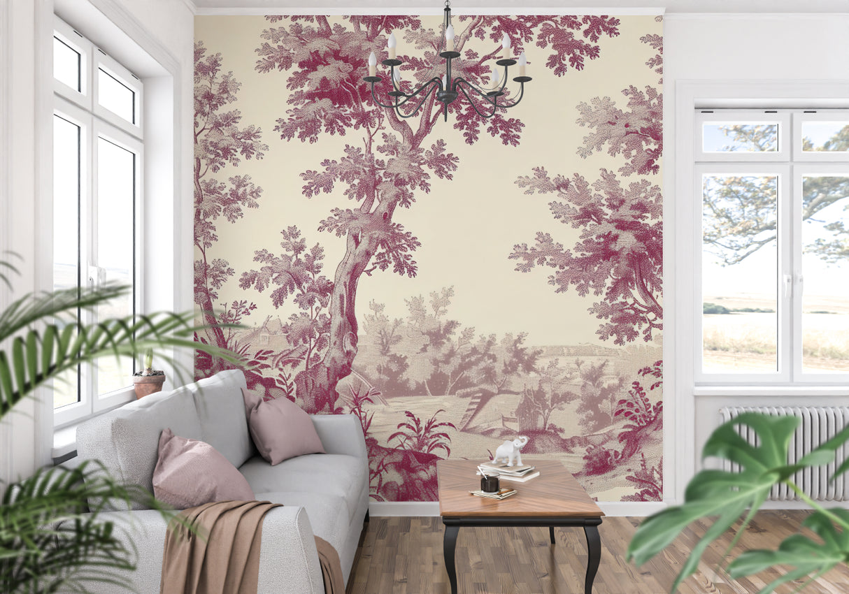 Vintage tree pattern wallpaper creating warmth in a modern living room setting