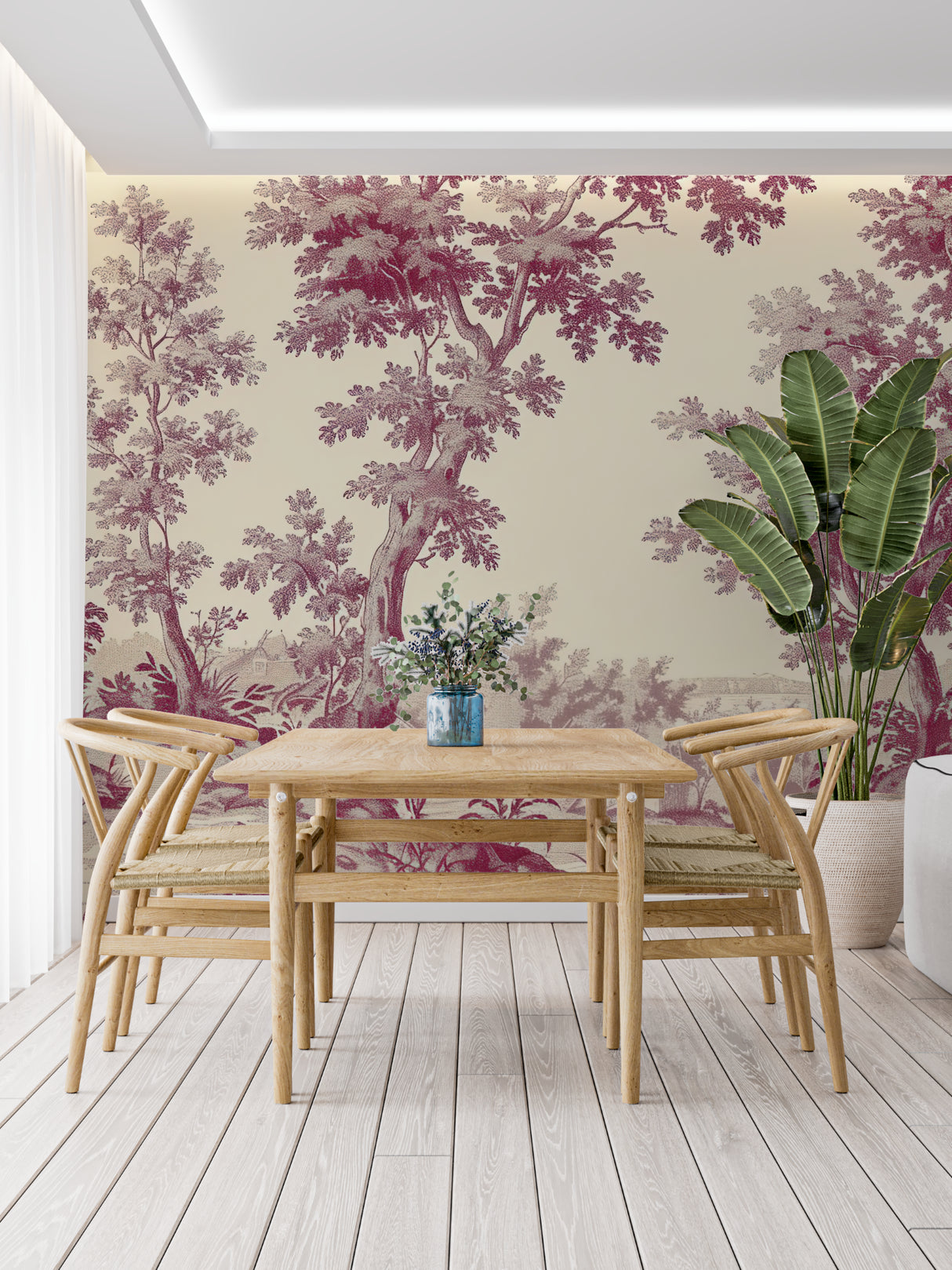 Berry red tree wallpaper adding character to a boutique hotel bedroom