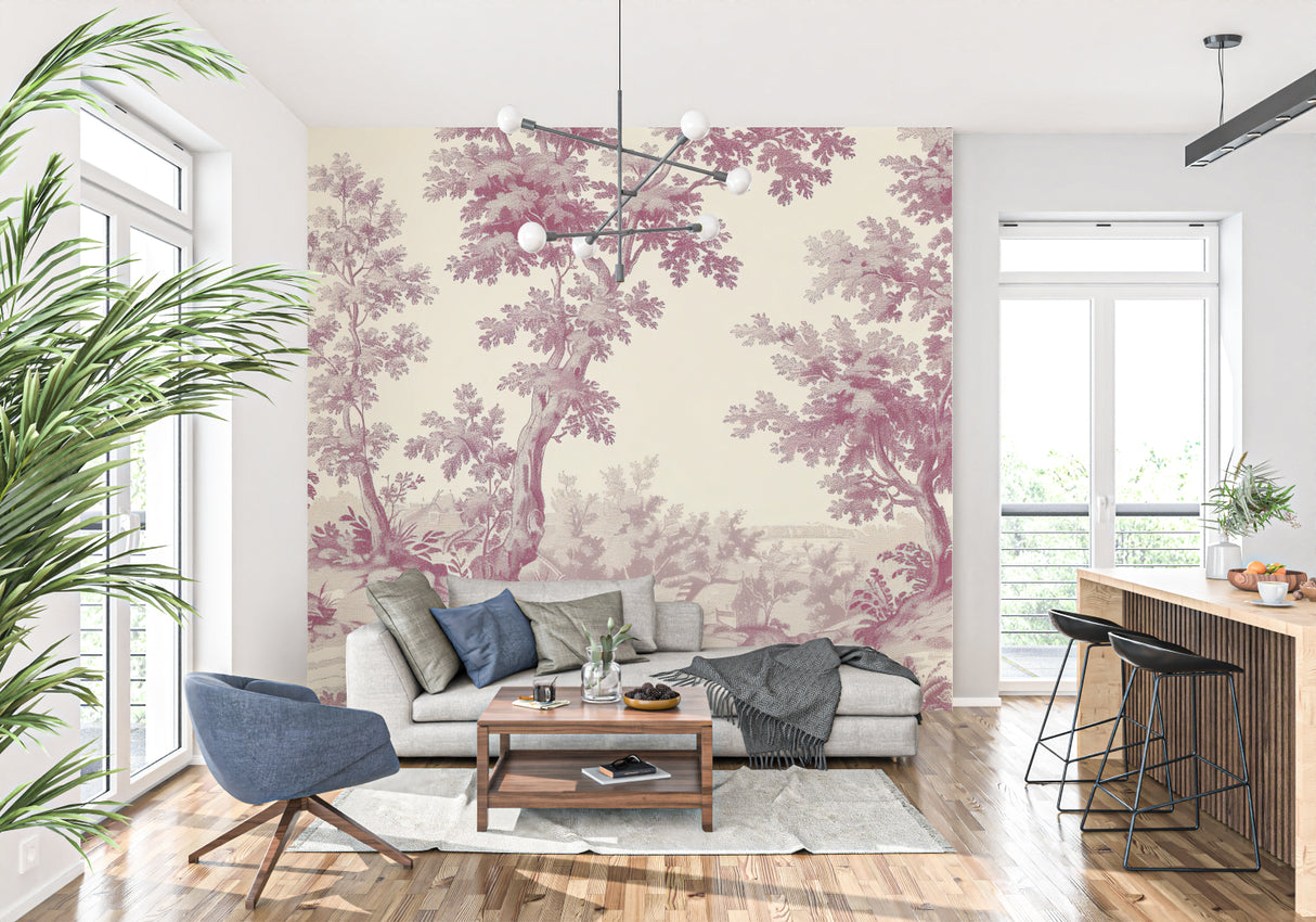 Traditional entryway featuring red Toile de Jouy tree pattern wallpaper