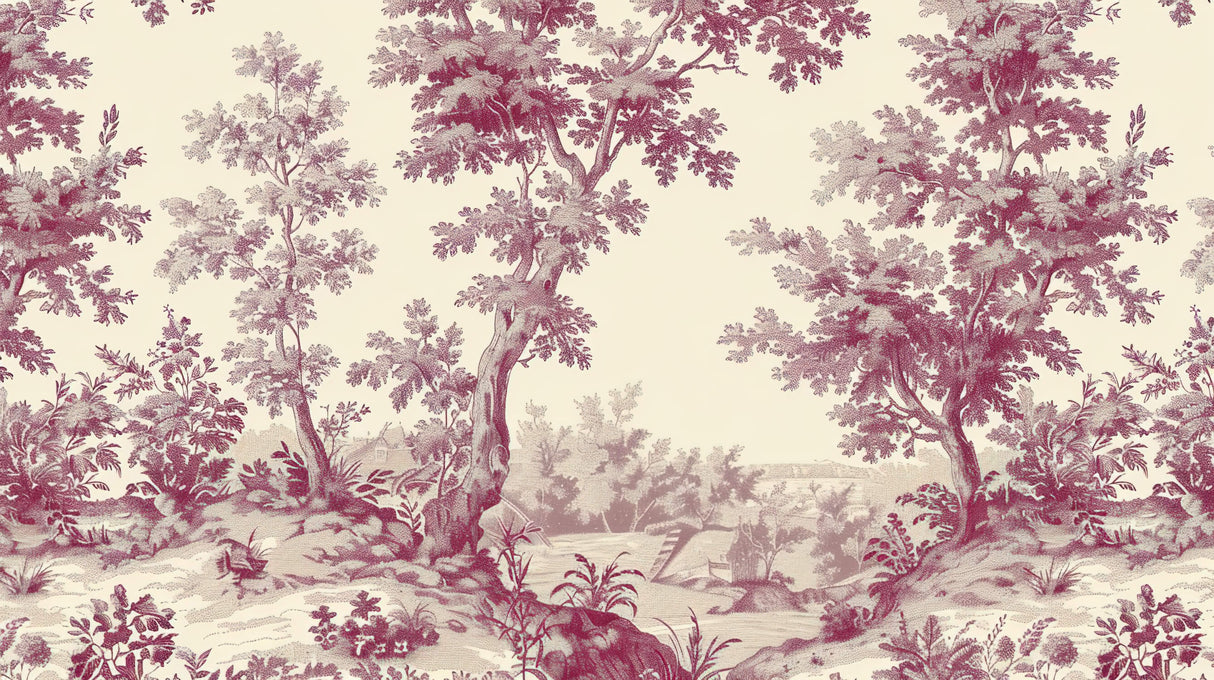 Toile de Jouy tree pattern design file showing intricate botanical details in berry red