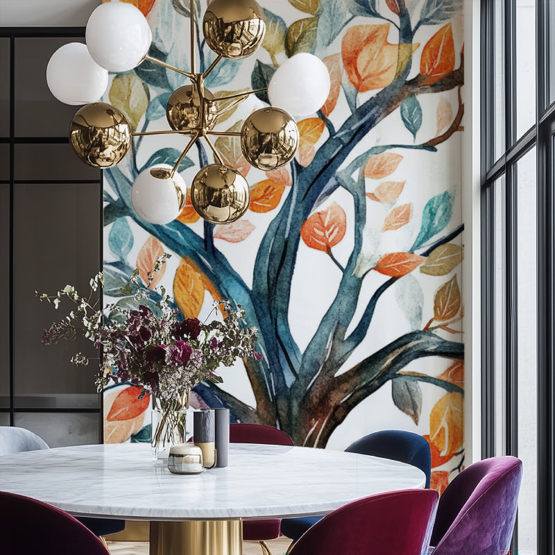 Watercolor tree mural wallpaper creating a cozy atmosphere in a modern living room with natural light