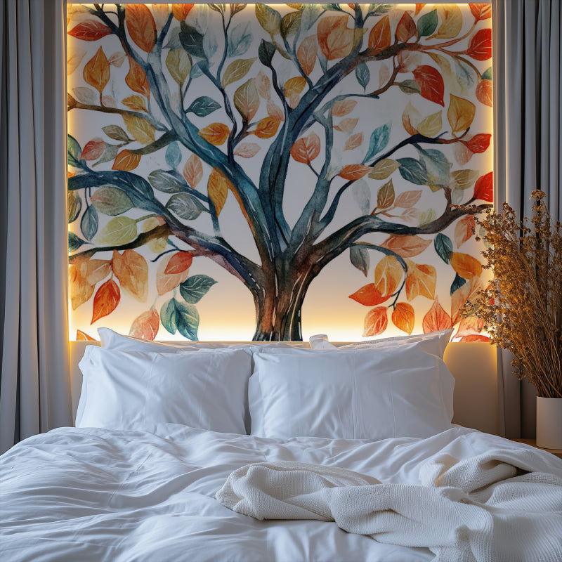 Autumn tree wall mural adding warmth to a minimalist dining room setting