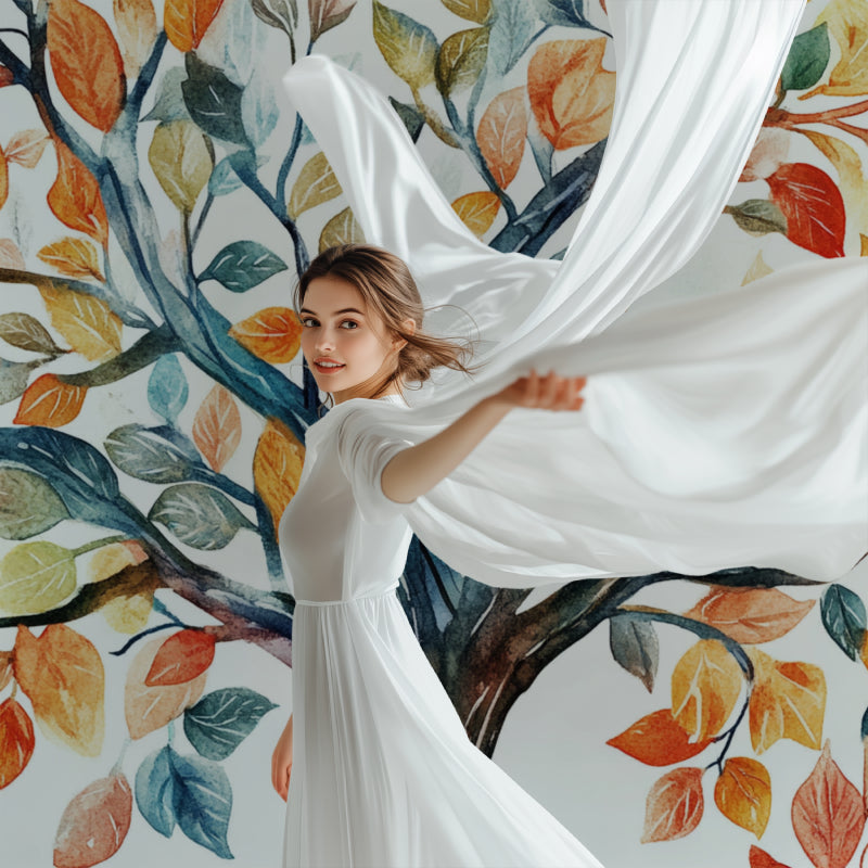 Botanical tree wallpaper bringing nature indoors in a contemporary bedroom space