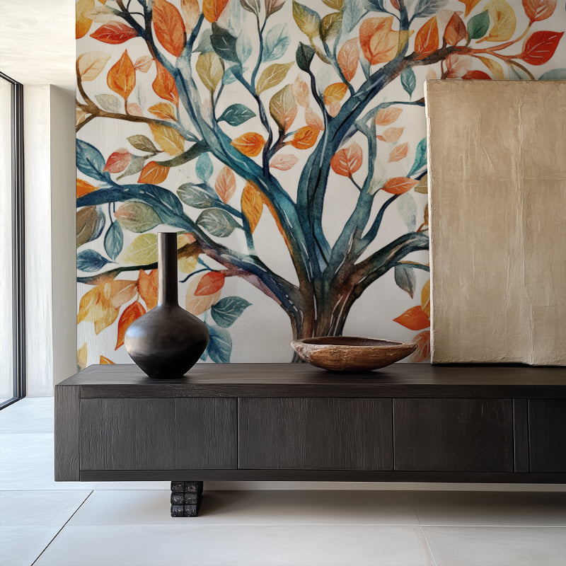 Watercolor leaves mural making a statement in a home office with soft lighting