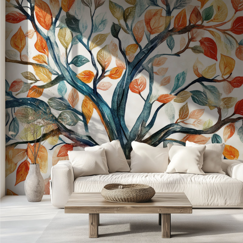 Tree wall mural transforming an entrance hallway with its gentle autumn colors