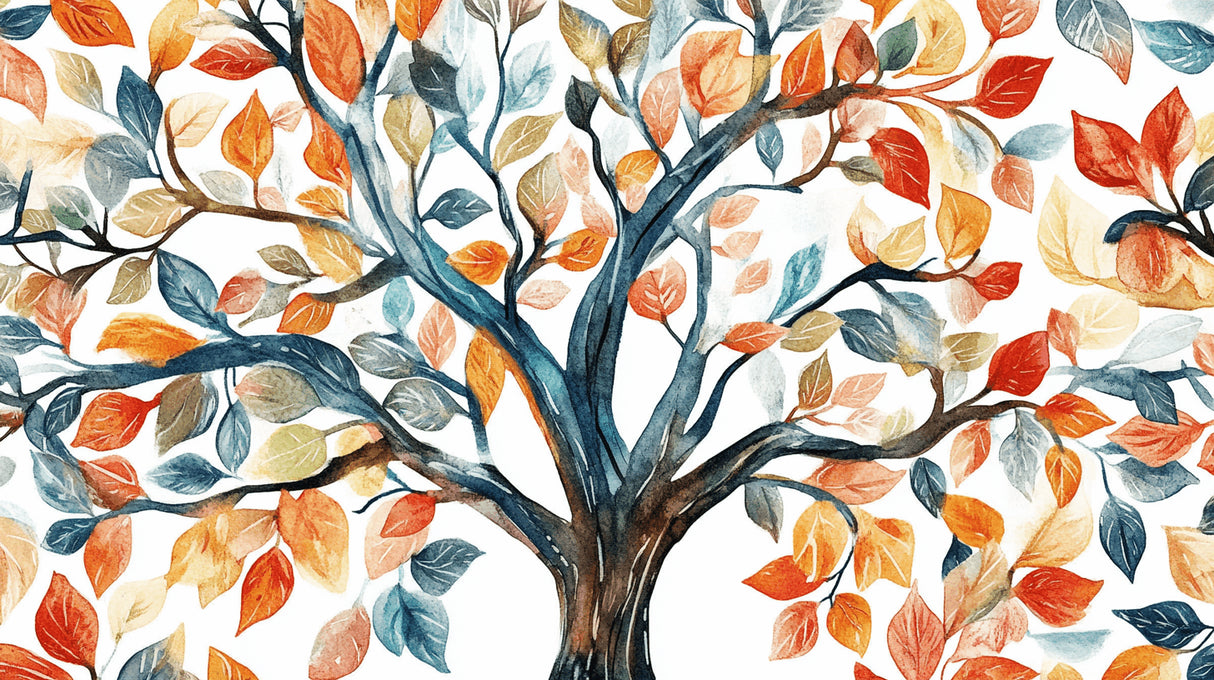 Design file of watercolor tree pattern showing detailed autumn leaves and branches