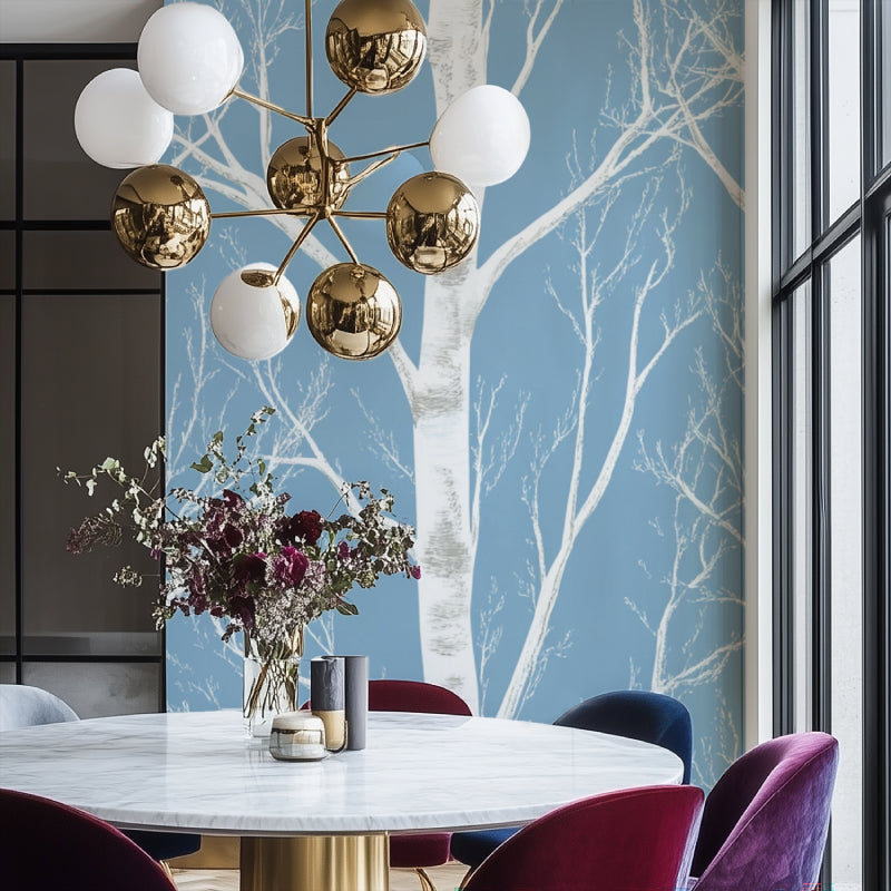 Blue and white birch forest mural in master bedroom with natural light