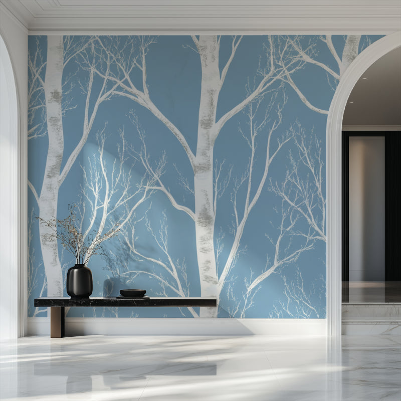 Forest wallpaper featuring white birch trees in home office setting