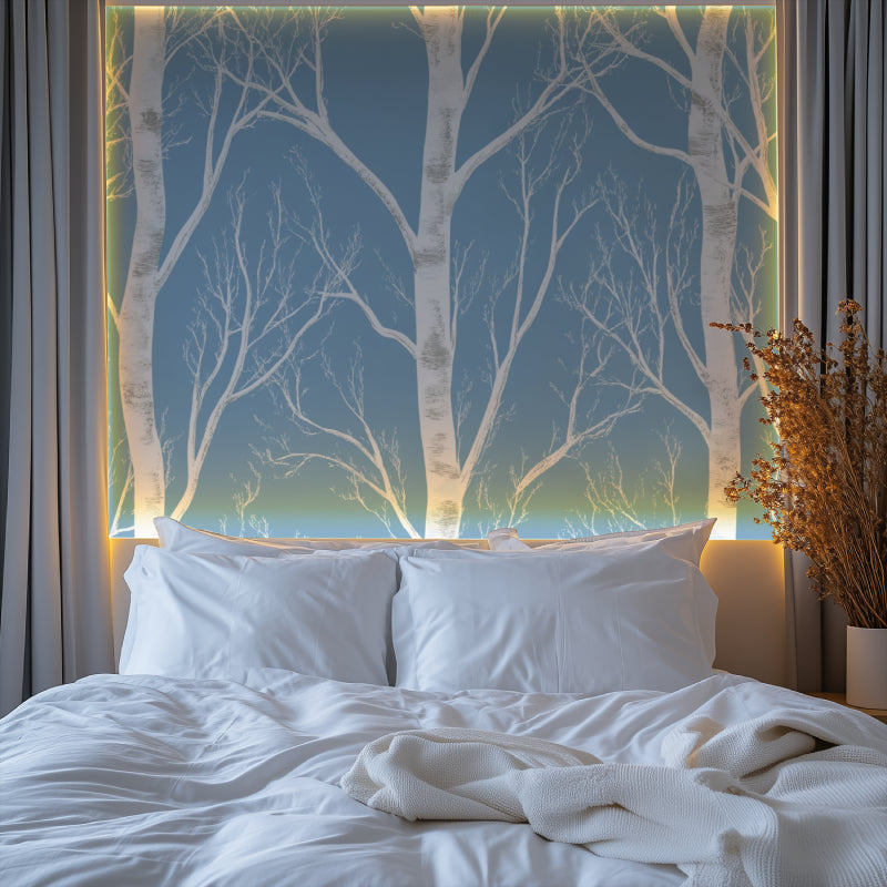 White tree wallpaper creating serene atmosphere in reading nook corner