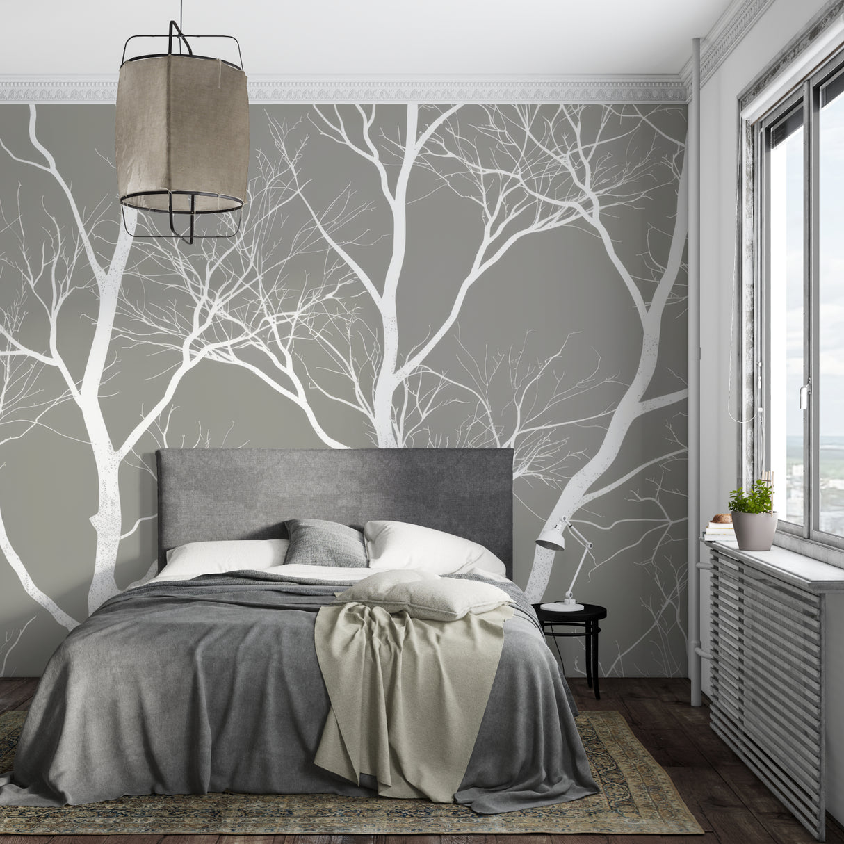 White tree branch wallpaper in modern living room creating serene atmosphere