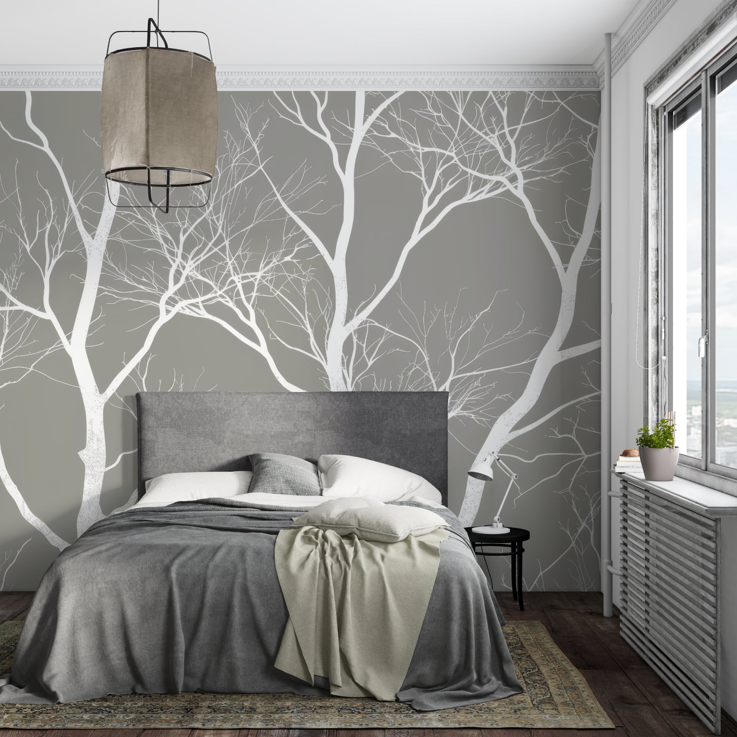 White tree branch wallpaper in modern living room creating serene atmosphere