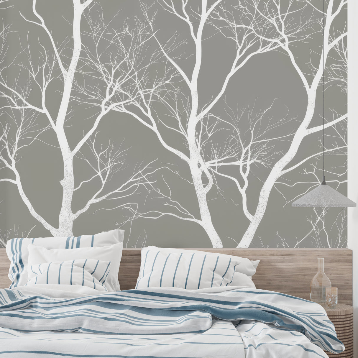 Grey and white tree mural in master bedroom with minimalist furniture