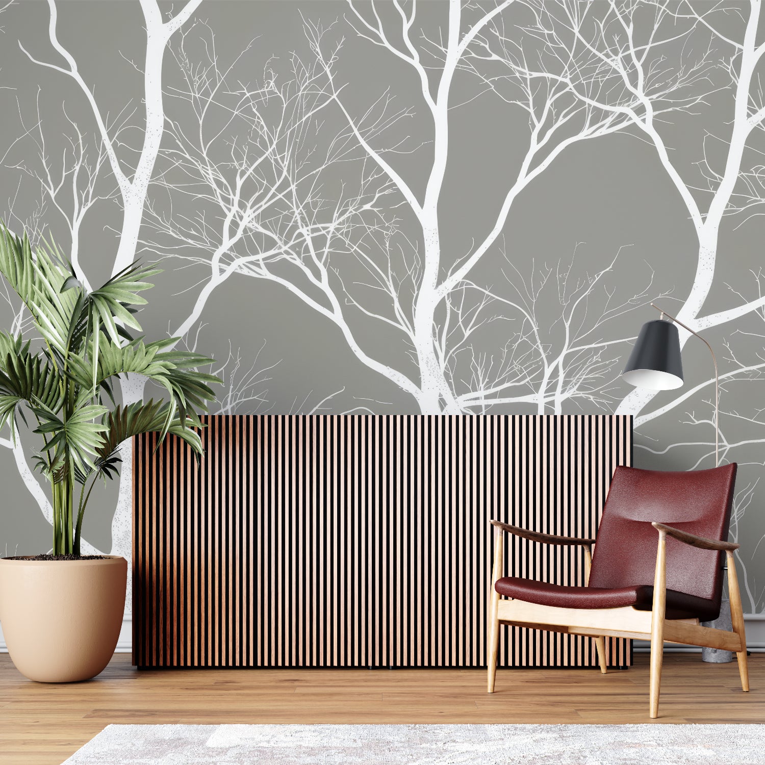 Tree branch wall mural in home office showing scale and detail