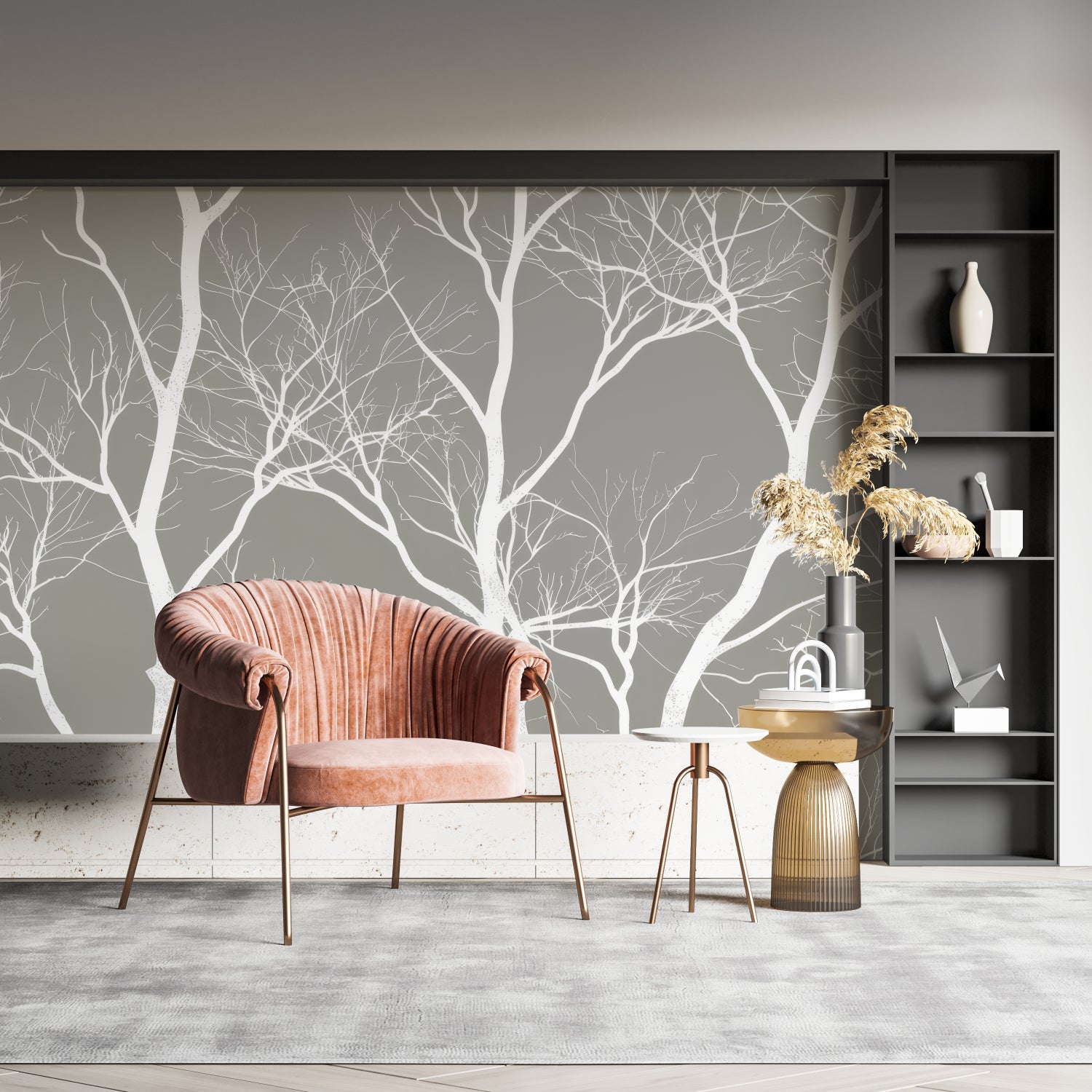Winter tree wallpaper in dining room with natural lighting