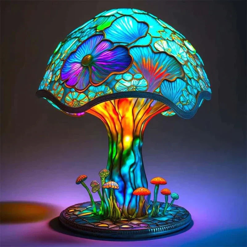 Stained Glass Table Lamp  Mushroom Floral Art Design - Detailed view