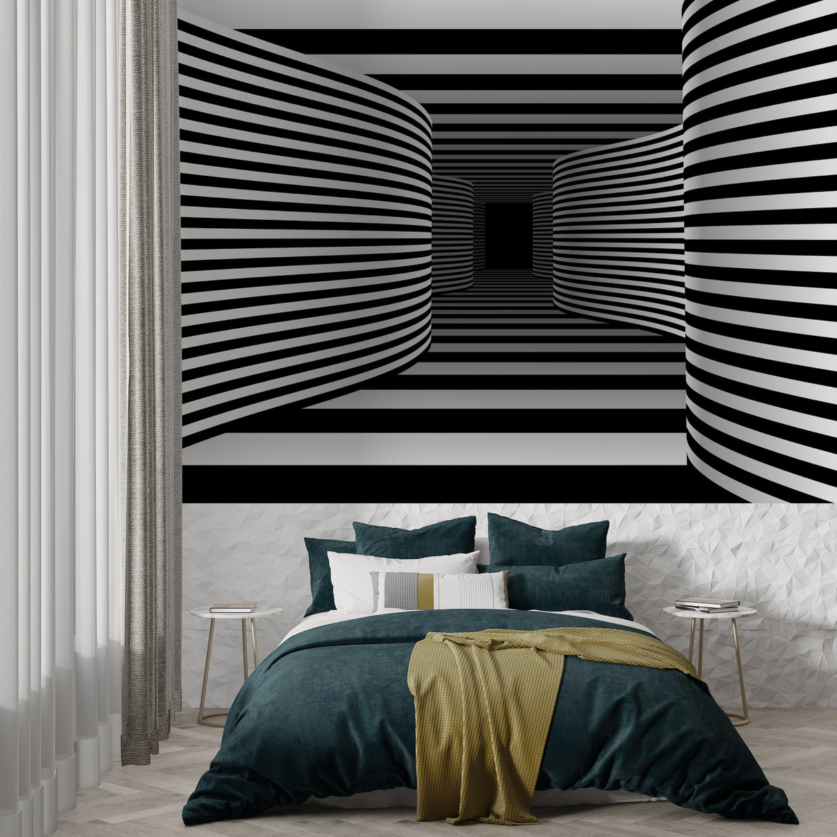 Tropical arch wallpaper in modern living room showing palm garden view through stone archway