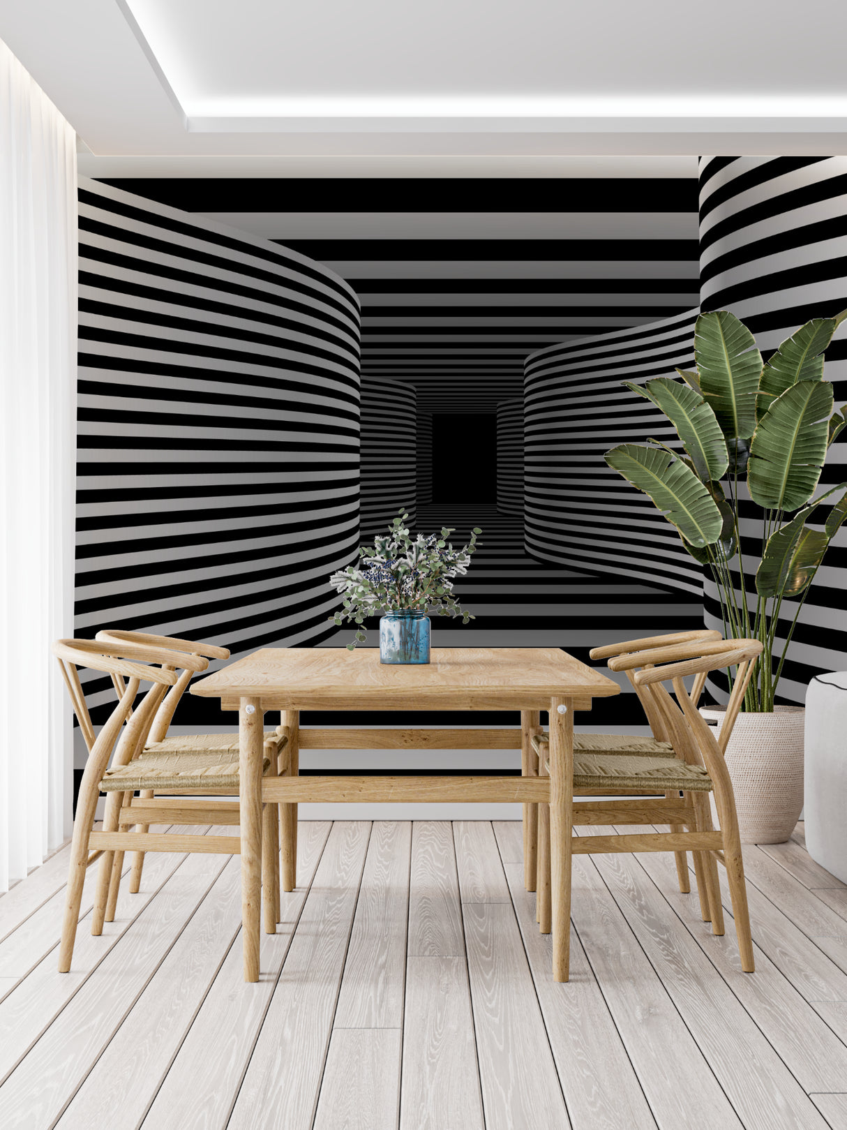 Dining room featuring tropical arch wallpaper with misty garden scene