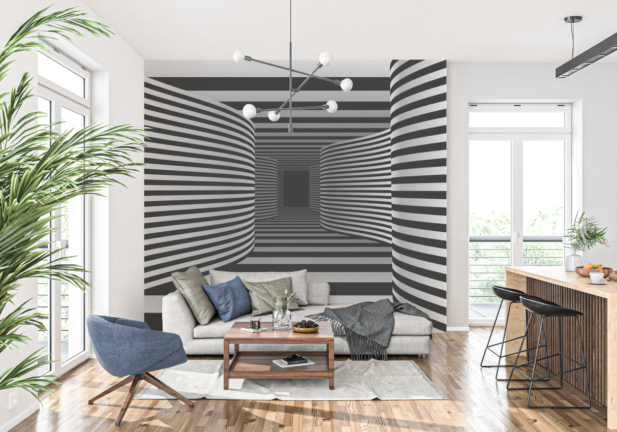 Home office with garden view mural showing architectural arches and palms