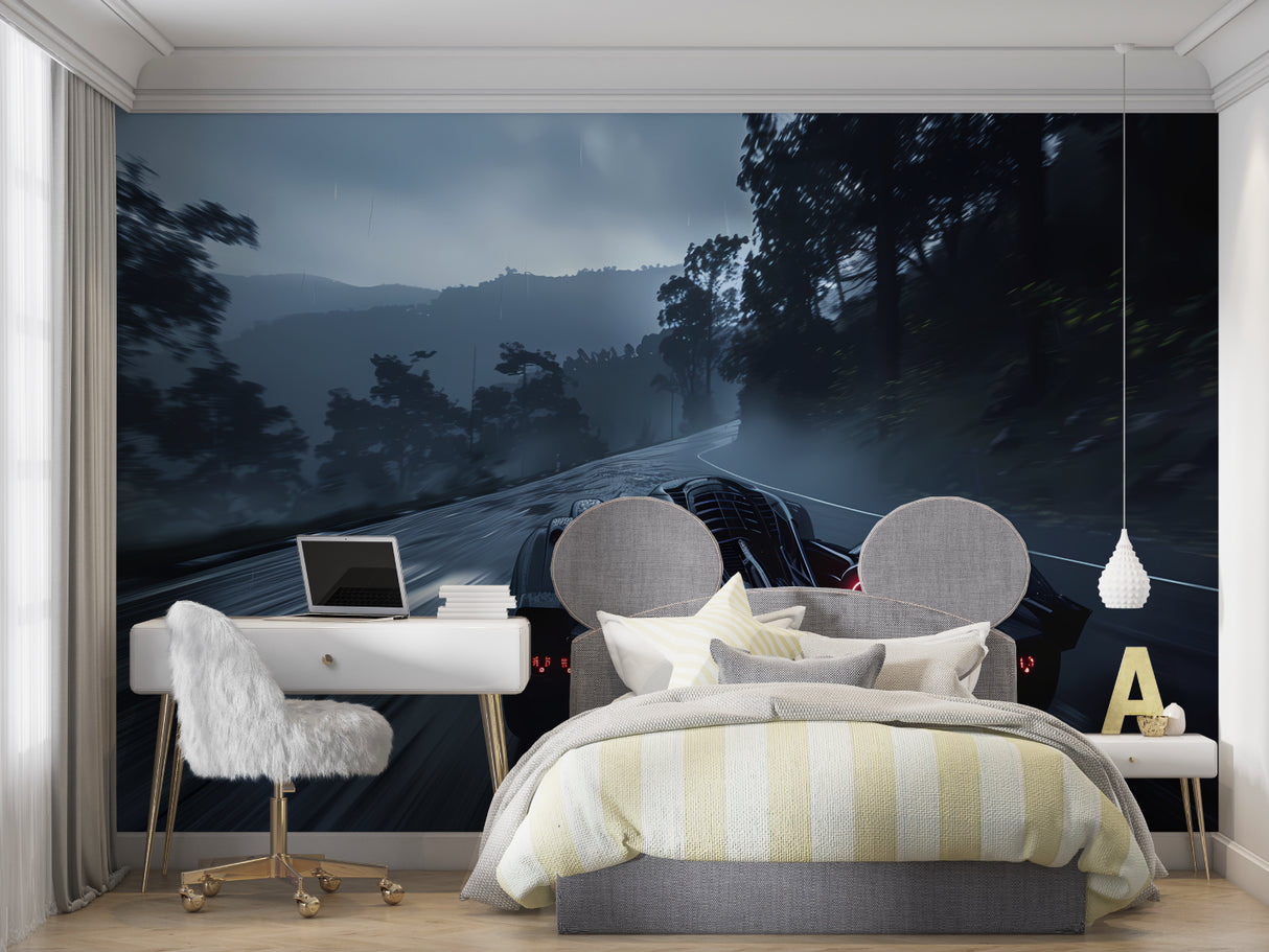 Beach cave window wallpaper creating depth in cozy master bedroom setting