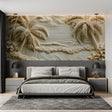 Tropical beach 3D relief wallpaper in modern living room showing textured palm trees and waves