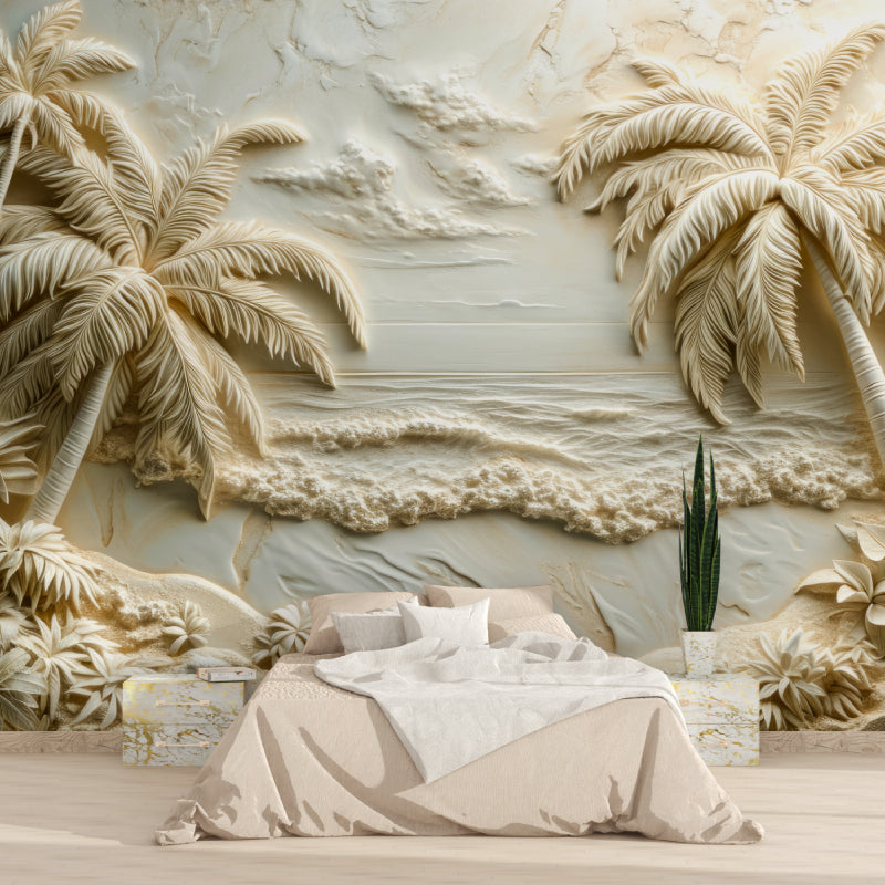 Beach mural with 3D relief effect in master bedroom creating calm atmosphere