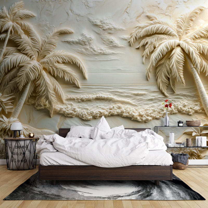 3D tropical wallpaper in home office showcasing detailed palm tree relief