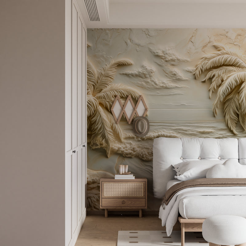 Coastal paradise mural in dining room with stunning 3D palm tree effect