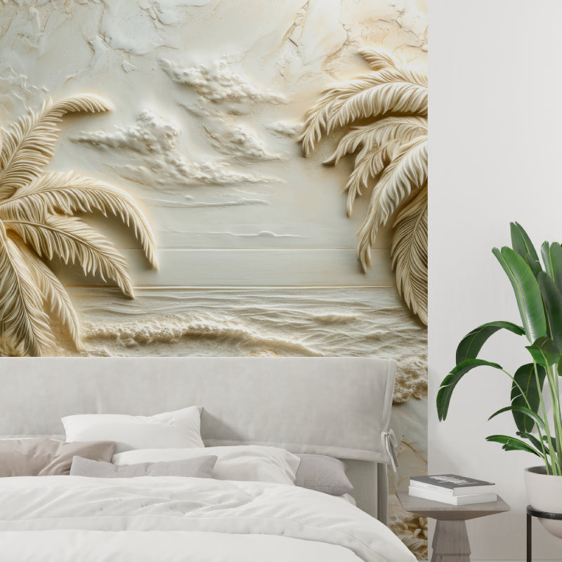 Beach themed relief wallpaper creating depth in hotel lobby space
