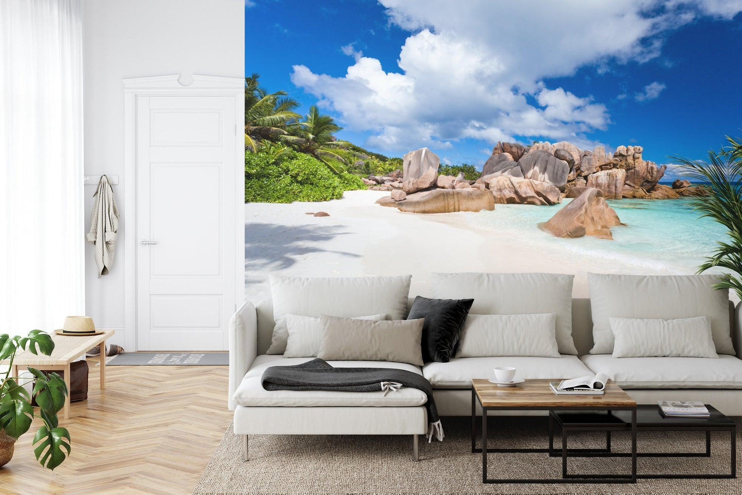Beach scene wallpaper transforming a master bedroom into a peaceful coastal retreat