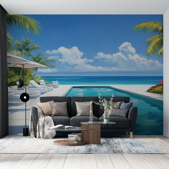 Tropical beach wallpaper creating a stunning backdrop in a modern living room with white furniture and ocean views