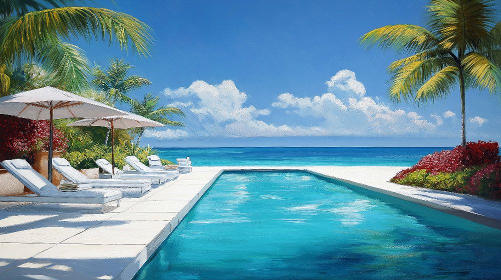 Luxury pool and ocean paradise design file showing detailed tropical beach scene with infinity pool