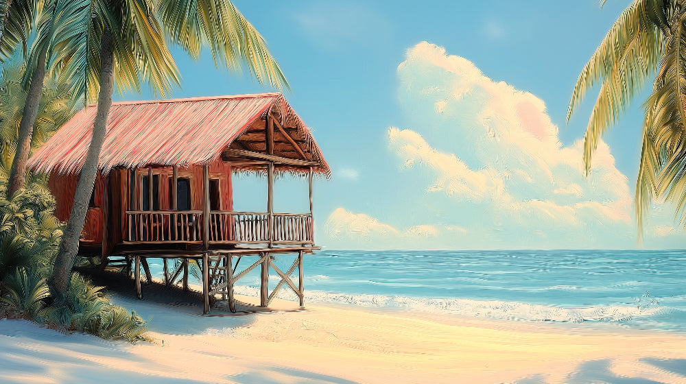 Tropical beach paradise wallpaper creating a stunning backdrop in a modern living room with white furniture