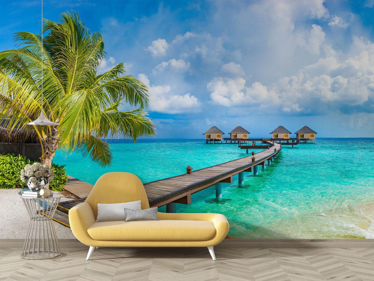 Beach paradise mural transforming a bedroom into a luxury resort feel