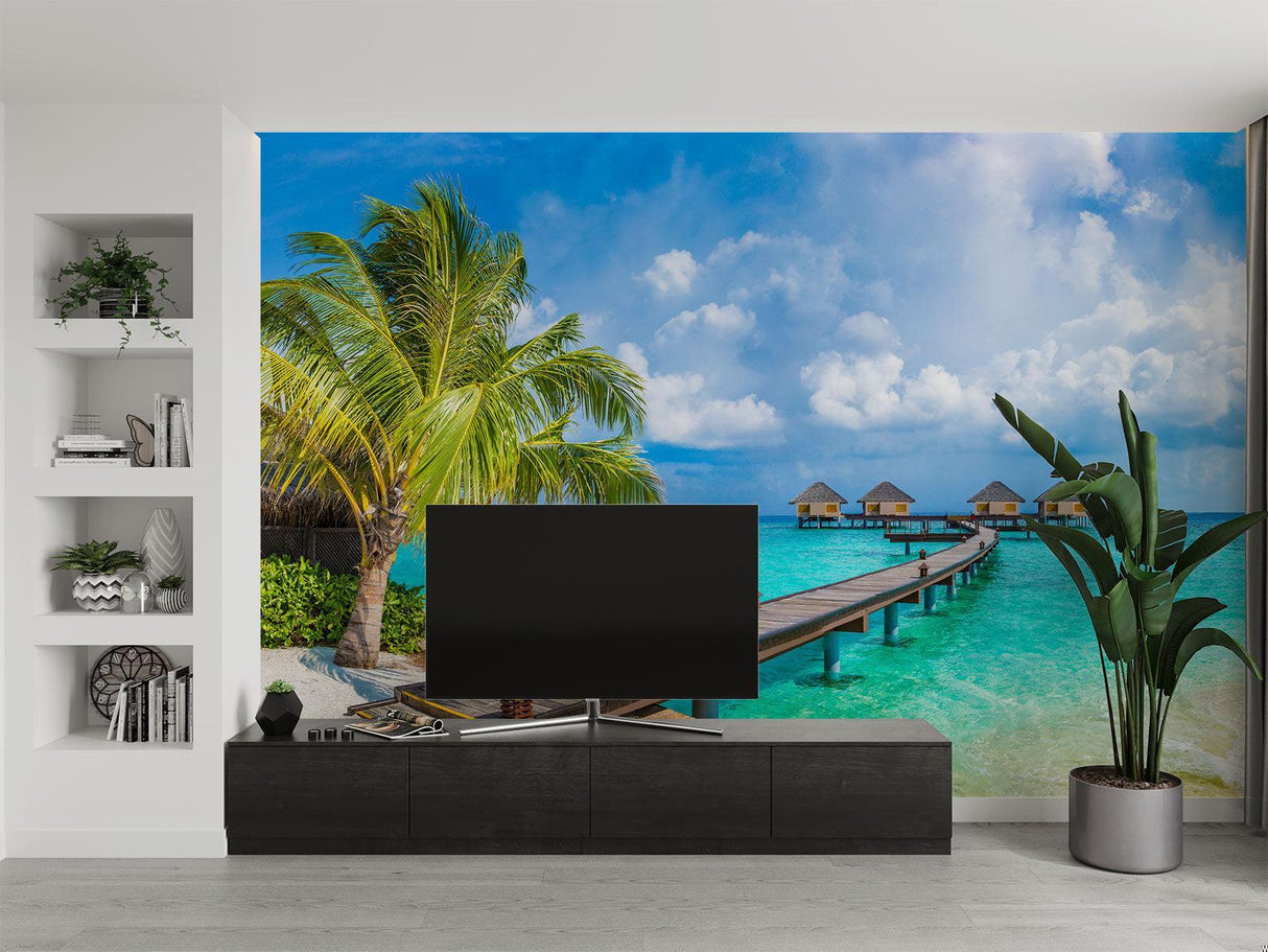 Tropical paradise wallpaper in a home office bringing calm workspace vibes