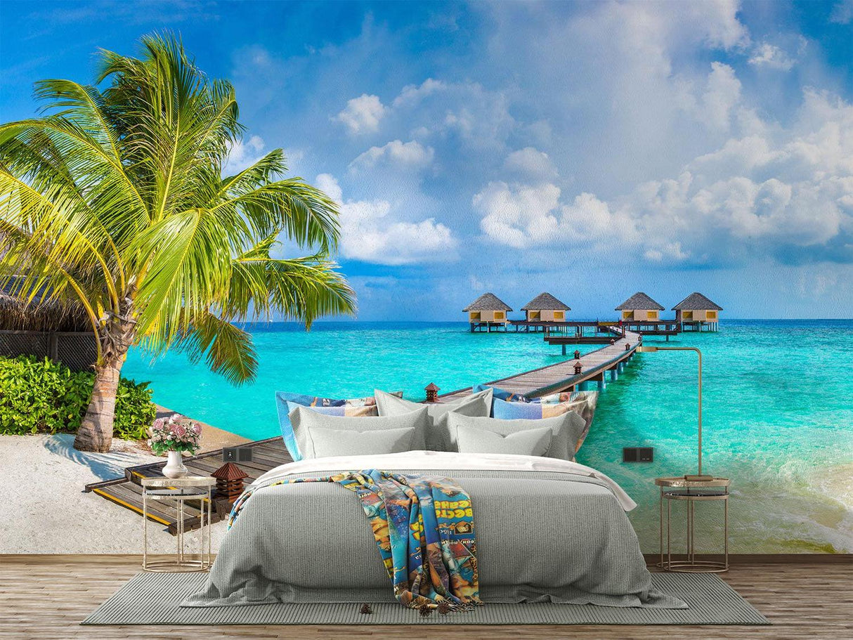 Beach mural wallpaper making a dining room feel like an exotic restaurant