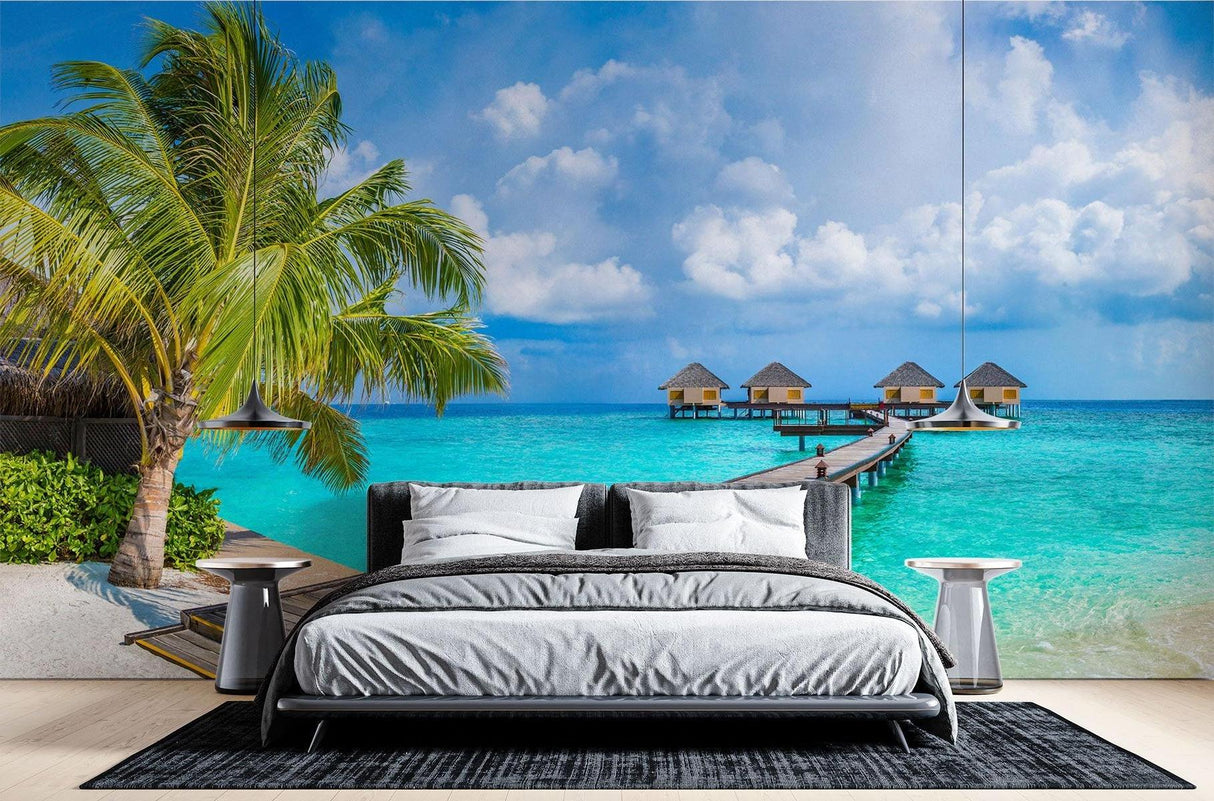 Paradise beach wallpaper creating depth in a small room setting