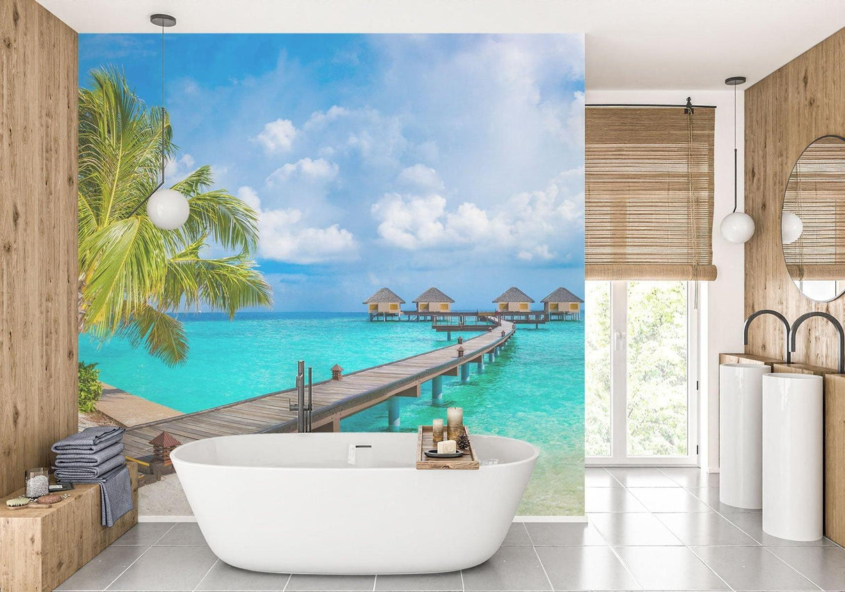 Overwater bungalow mural bringing luxury hotel feel to a master bathroom