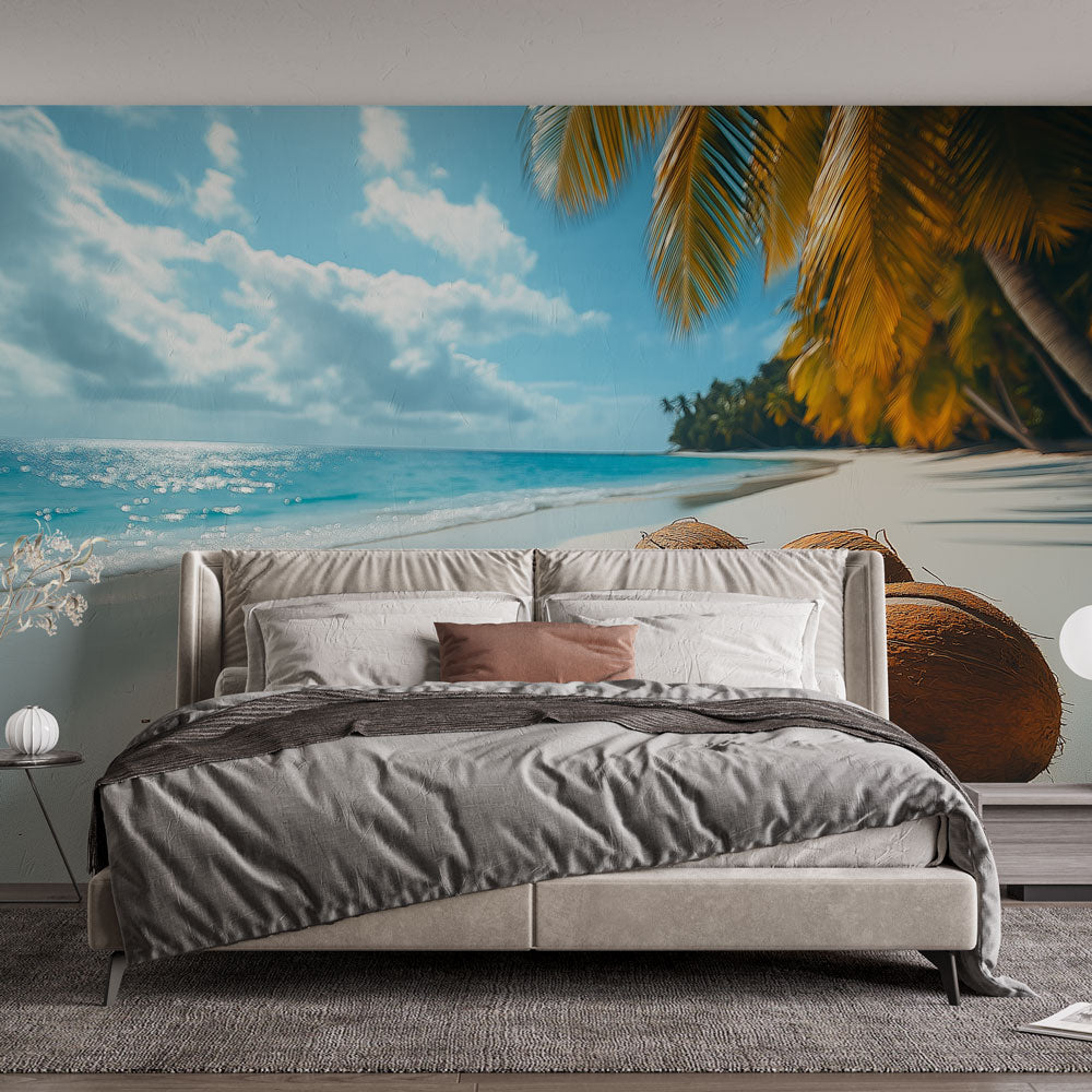 Tropical beach paradise wallpaper creating a relaxing atmosphere in a modern living room with white furniture