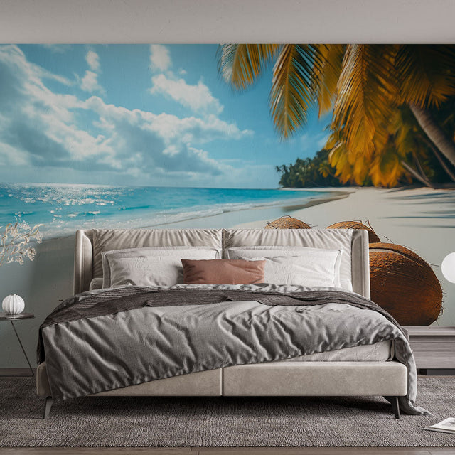 Tropical beach paradise wallpaper creating a relaxing atmosphere in a modern living room with white furniture