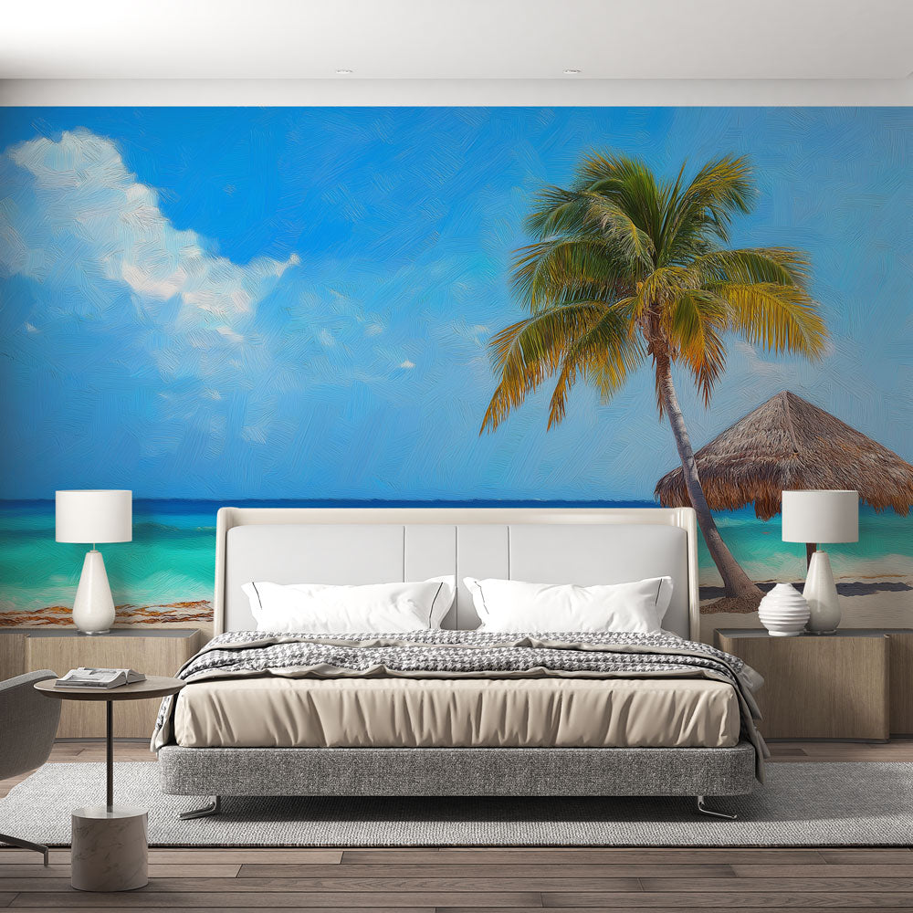 Tropical beach paradise wallpaper creating a sunny escape in a modern living room with white furniture and natural light