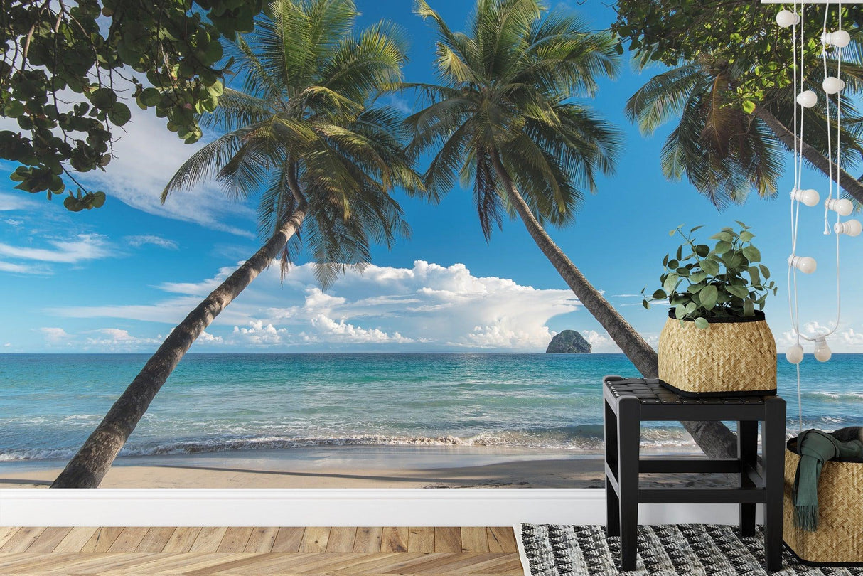 Paradise beach wallpaper transforming home office space with calming ocean views