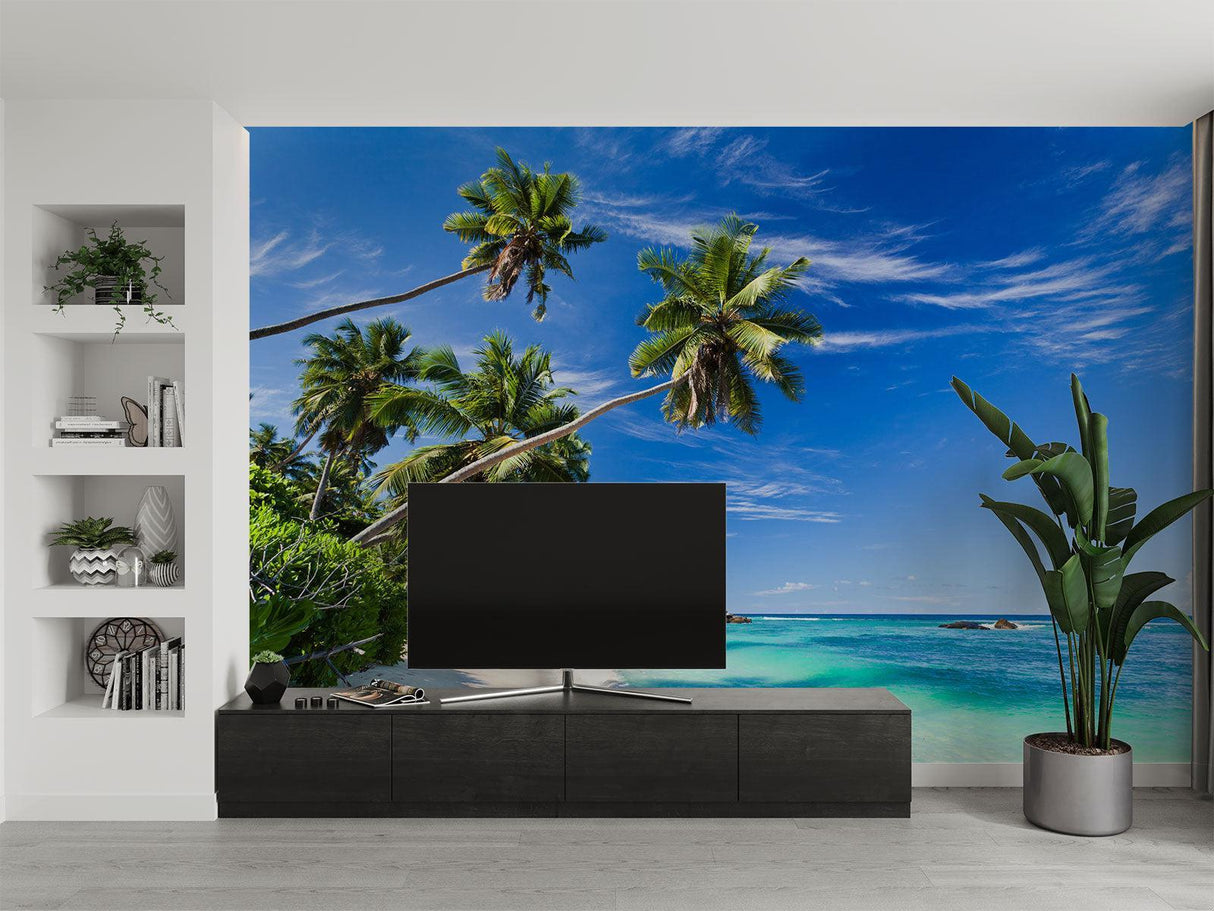 Beach paradise mural brightening up a cozy bedroom with natural light