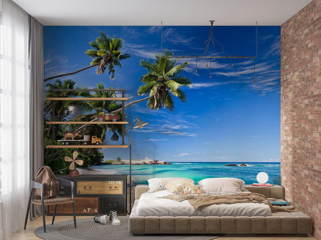 Ocean scene wallpaper transforming a home office into a peaceful workspace
