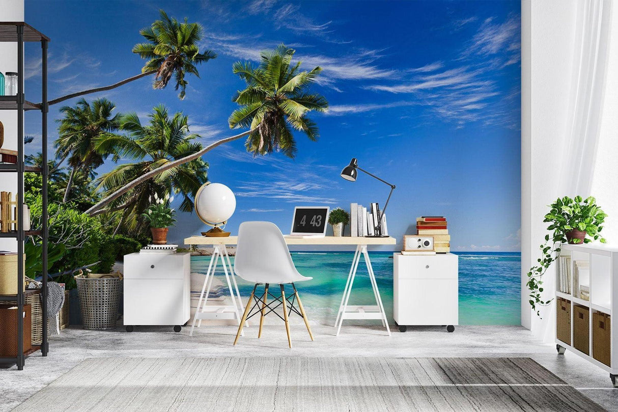 Tropical beach mural making a dining room feel spacious and bright